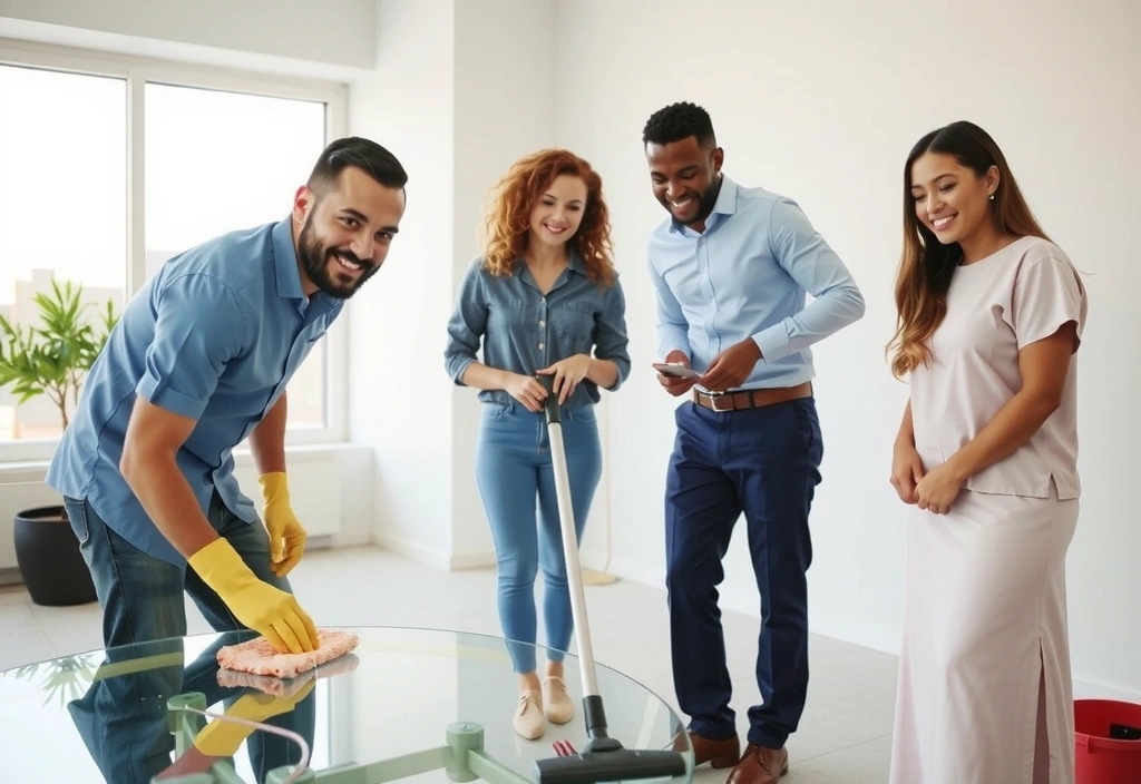 A team of professional cleaners working together in a modern, sparkling clean office environment, symbolizing growth and collaboration.