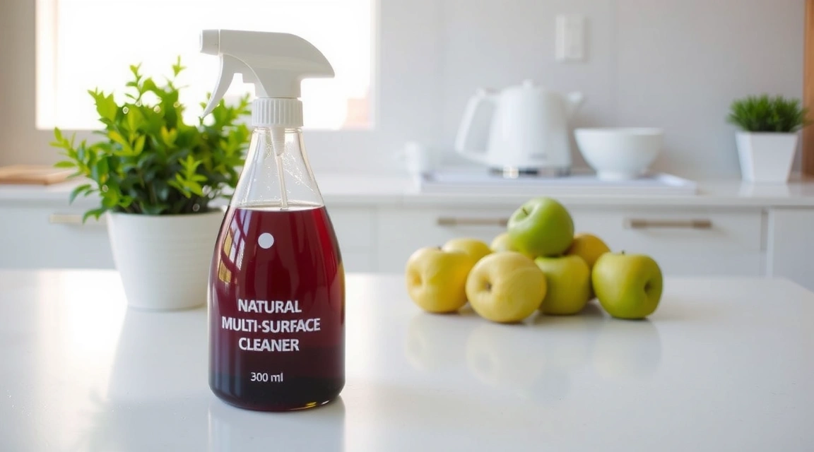 A spray bottle of natural multi-surface cleaner on a sparkling kitchen counter with fresh fruit and a plant in the background