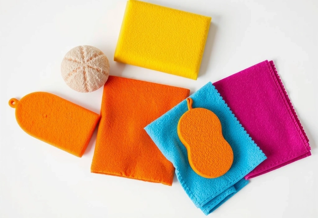 A collection of colorful microfiber cloths and natural scrubbing sponges on a clean white surface