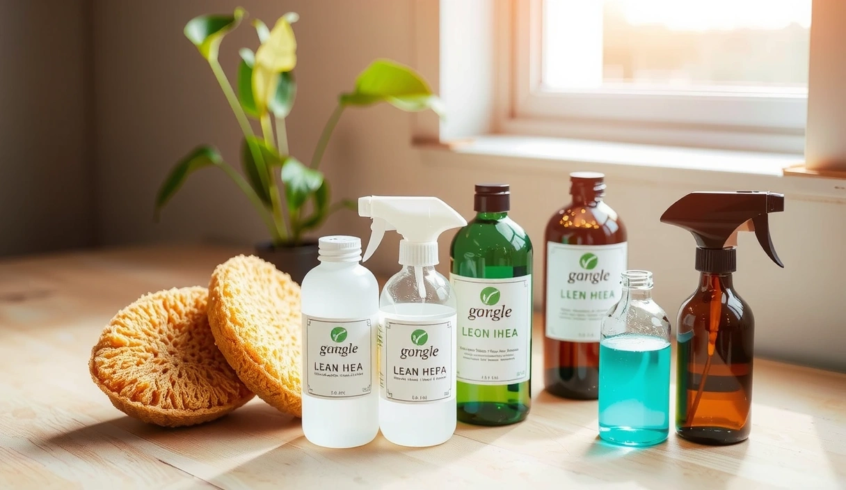 Assortment of eco-friendly cleaning products on a wooden surface with green leaves in the background, sunlight filtering through a window