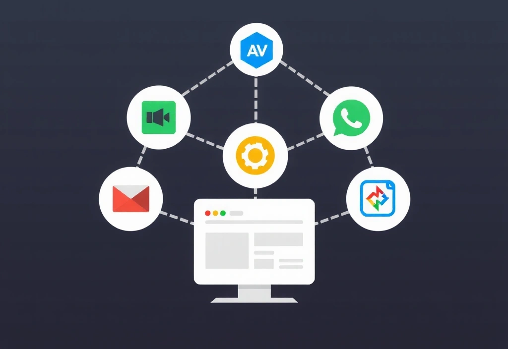 Interconnected digital nodes representing third-party services and data flow