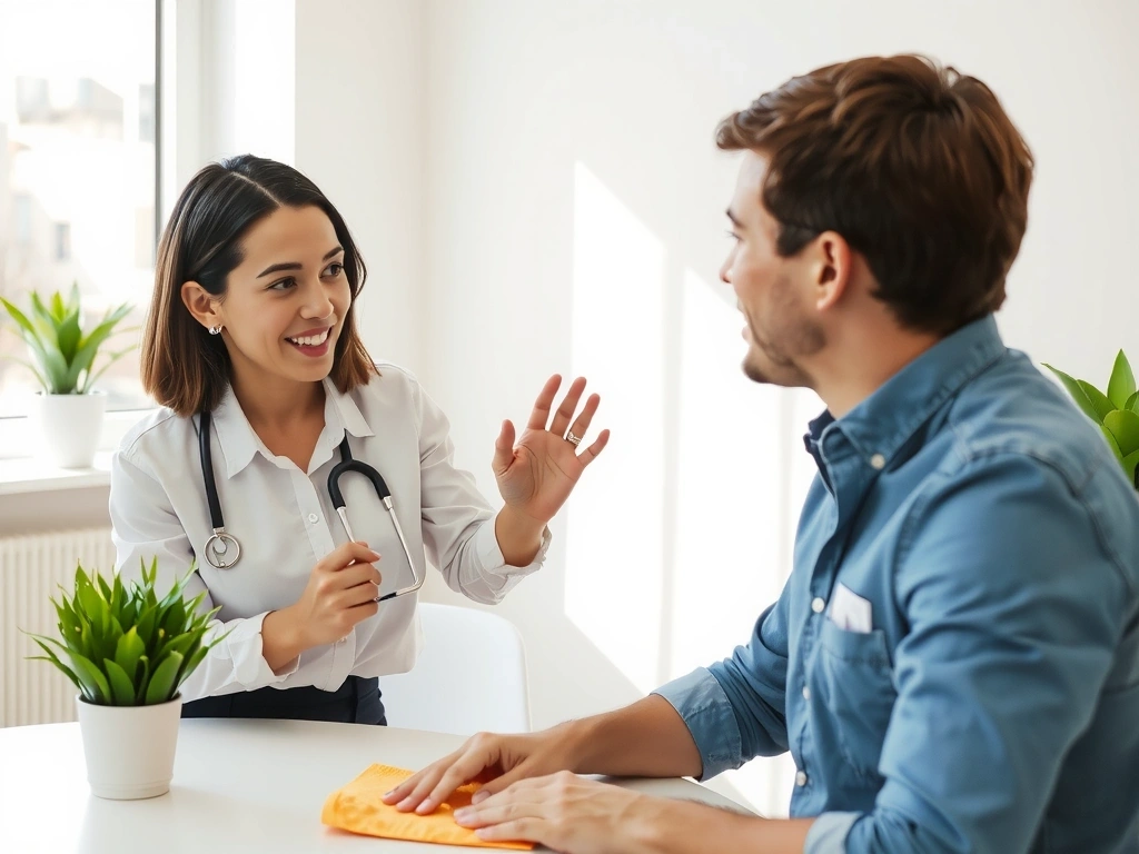 A cleaning professional happily explaining services to a client in a bright, modern office setting, showcasing clear communication and trust.