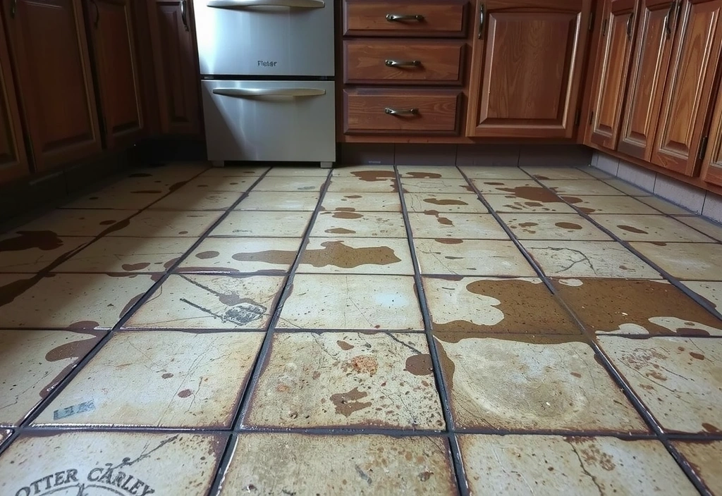 Before: Grimy kitchen floor with visible dirt
