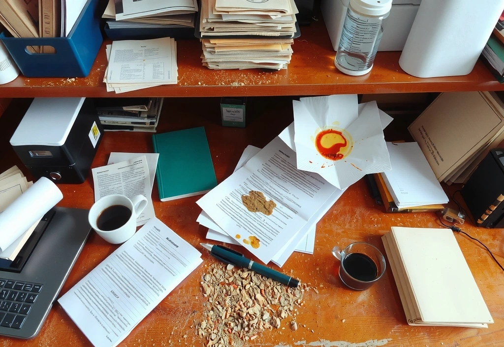 Before: Dusty and cluttered office desk