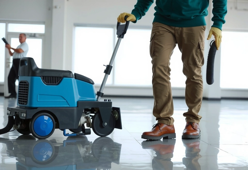 Team member operating a floor buffer machine