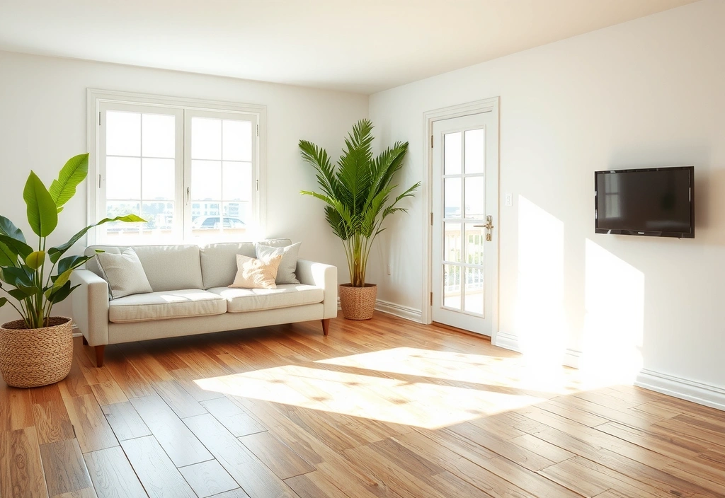 A perfectly clean and organized living room with natural light streaming in, showcasing a spotless sofa, polished wooden floor, and vibrant green plants.