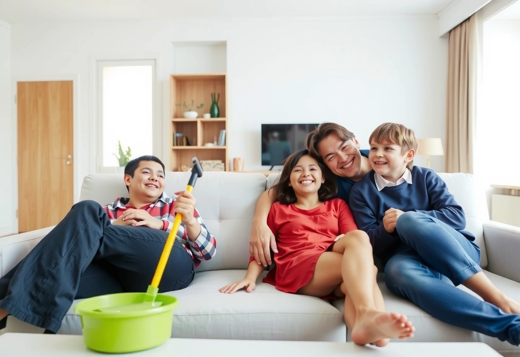 A smiling family relaxing in their clean and bright home, enjoying quality time together.