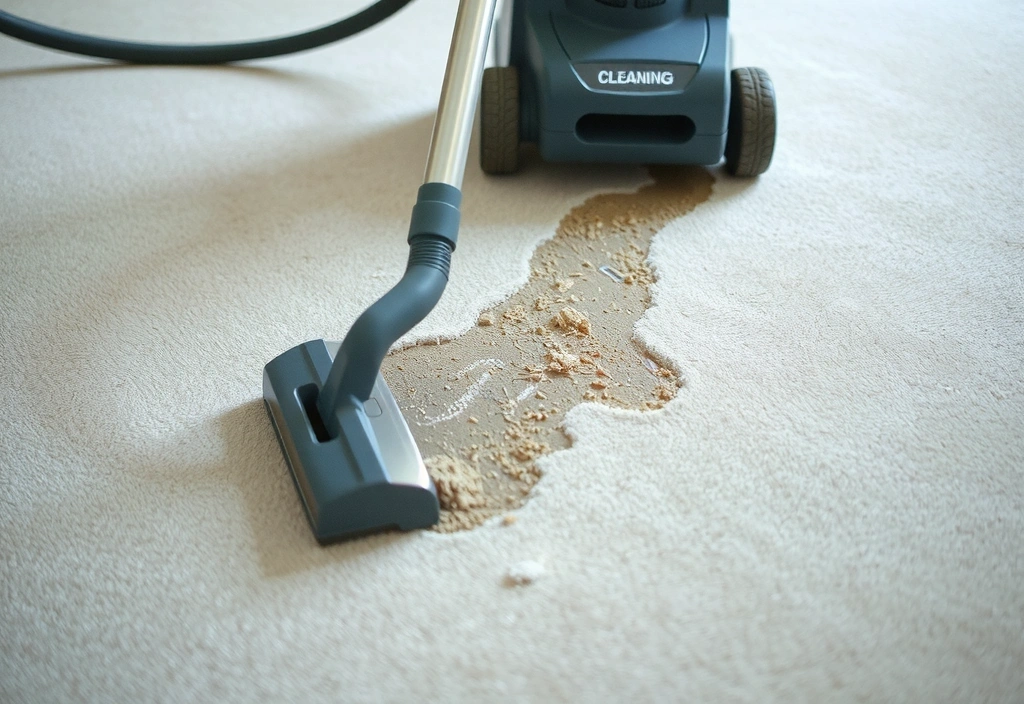 A professional carpet cleaning machine being used on a light-colored carpet, showing the extraction of dirt.