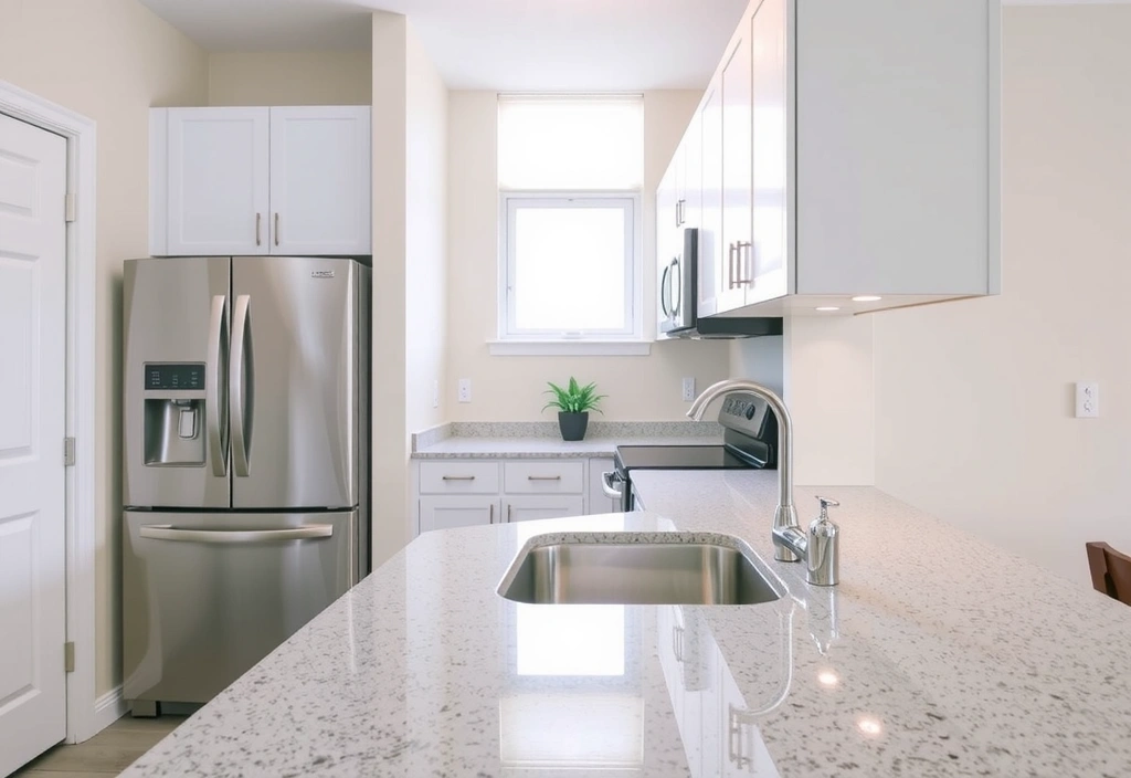 A sparkling clean kitchen with polished countertops and stainless steel appliances.