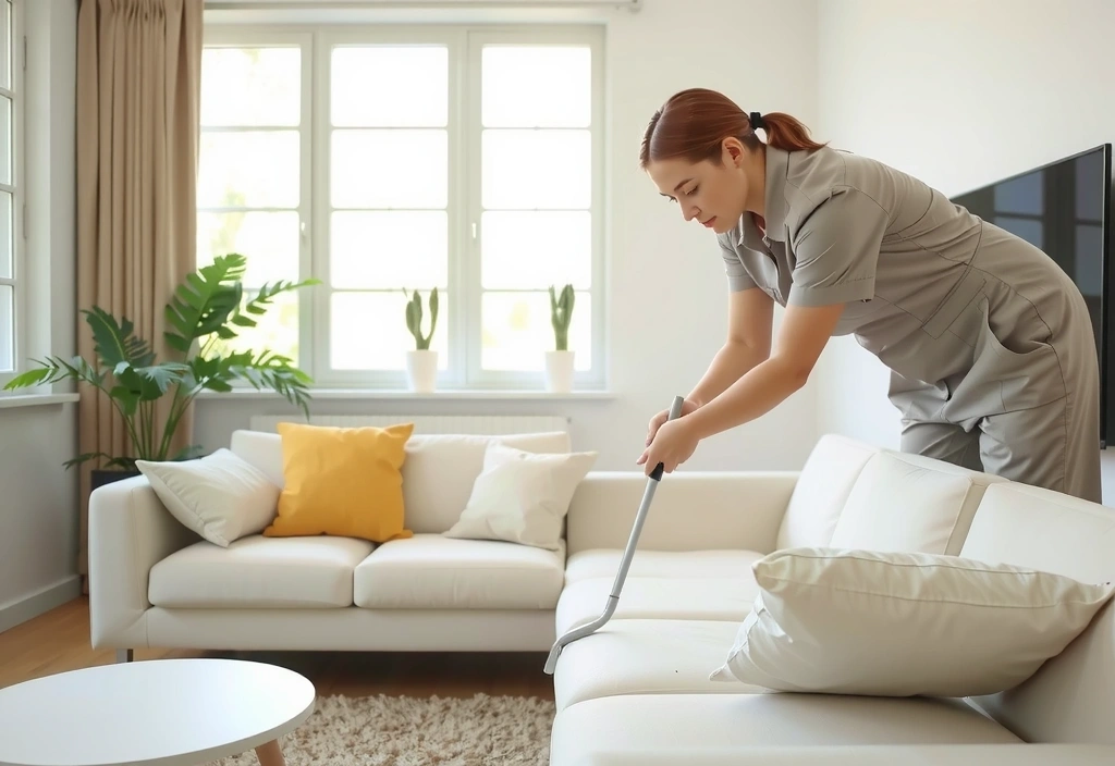 A cleaner tidying a living room, carefully arranging cushions on a sofa.