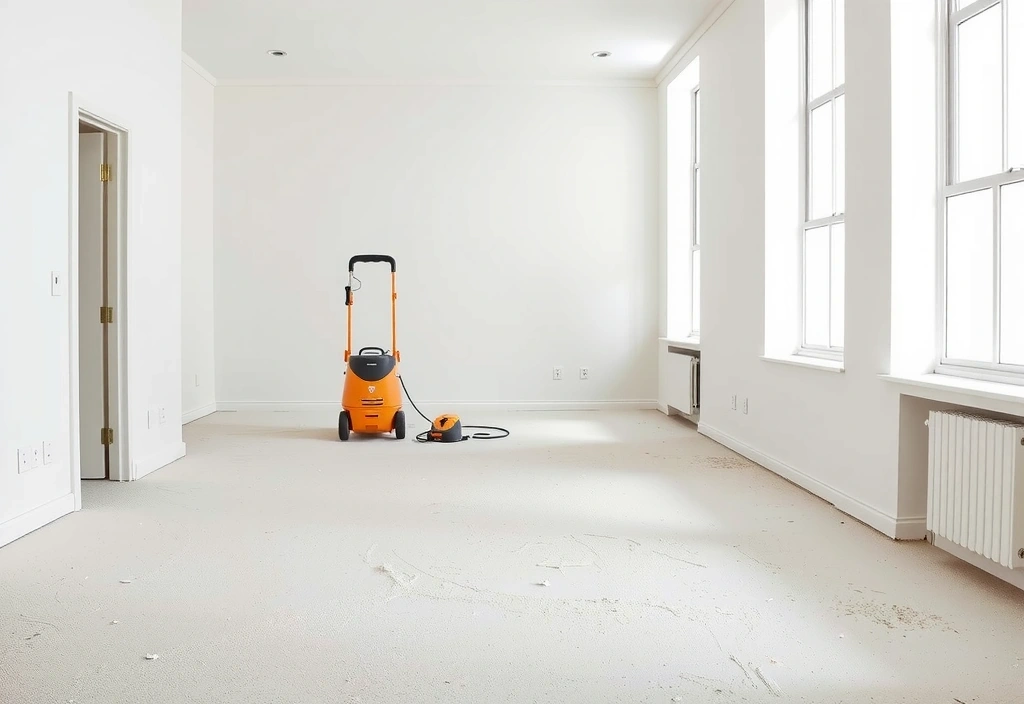 A newly renovated room, spotless and bright after post-construction cleaning, with a clean floor and fresh paint.