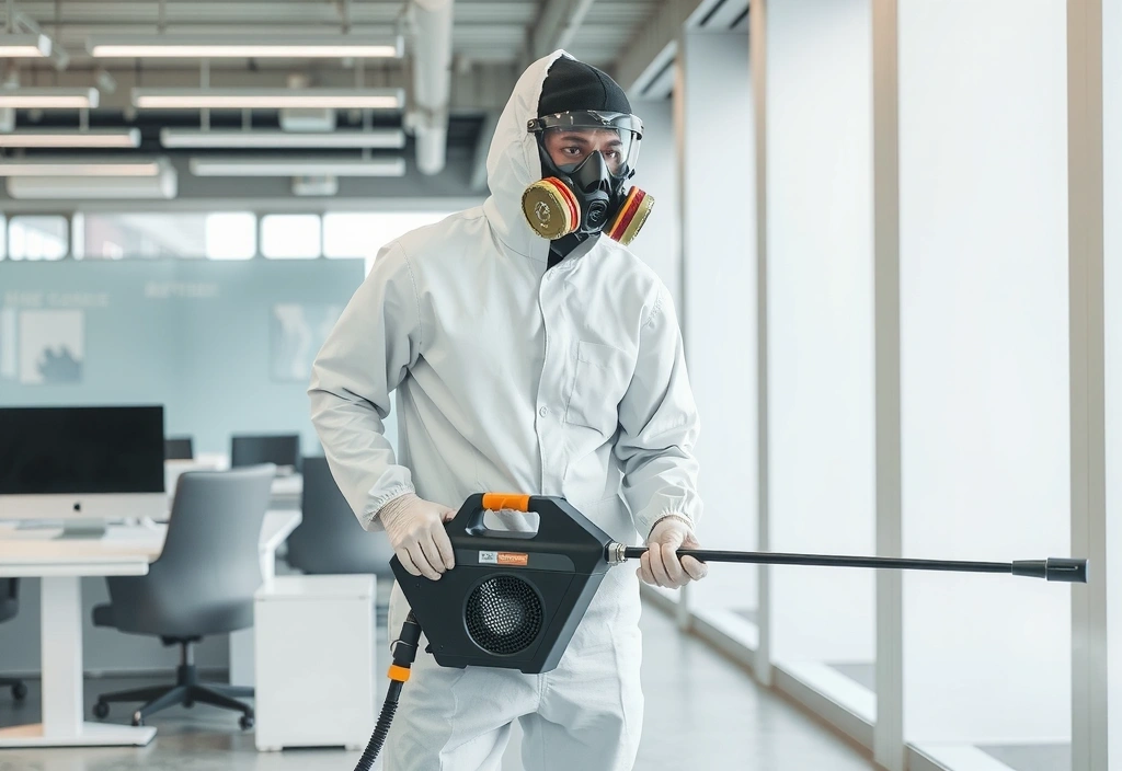 A professional technician using an electrostatic sprayer to disinfect an office space