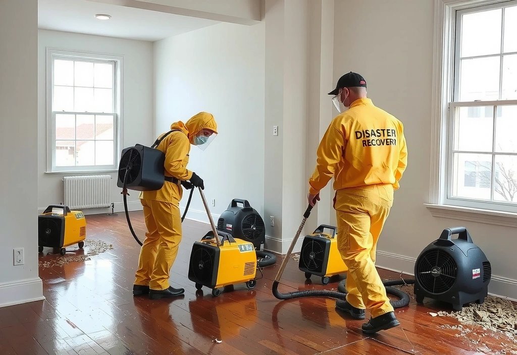 A team of professionals cleaning a water-damaged room with industrial drying equipment