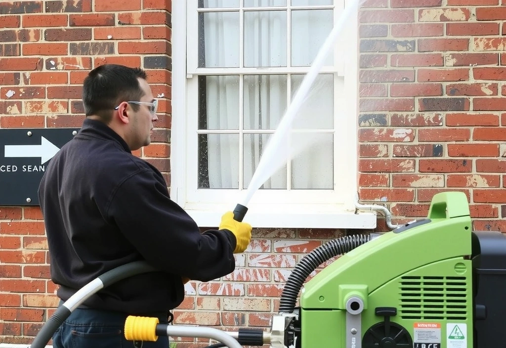 A technician using a high-pressure washer to clean a brick building facade