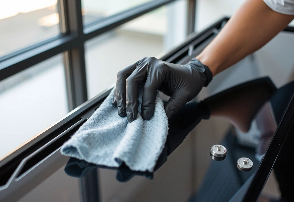 A close-up of a professional cleaning technician's gloved hand meticulously cleaning a delicate surface