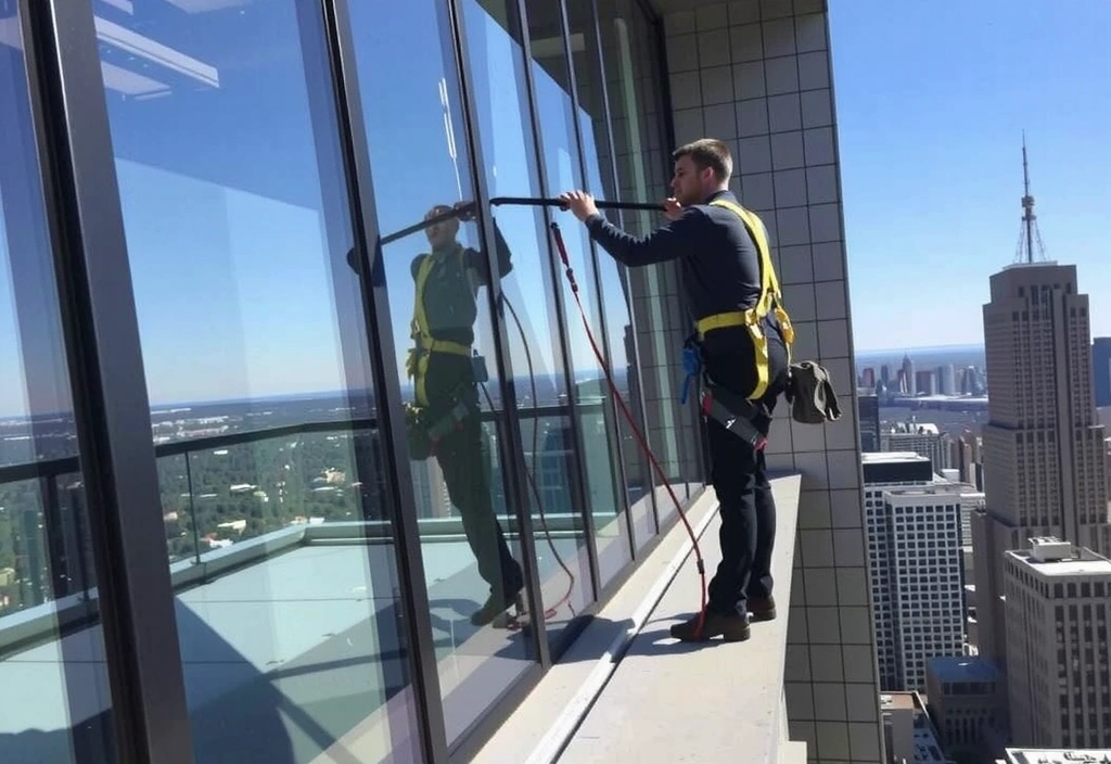 Professional window cleaner on a high-rise building, ensuring sparkling windows
