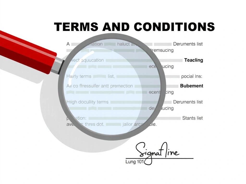 A detailed illustration of a legal document with a magnifying glass, symbolizing terms and conditions review. Professional, clean style.