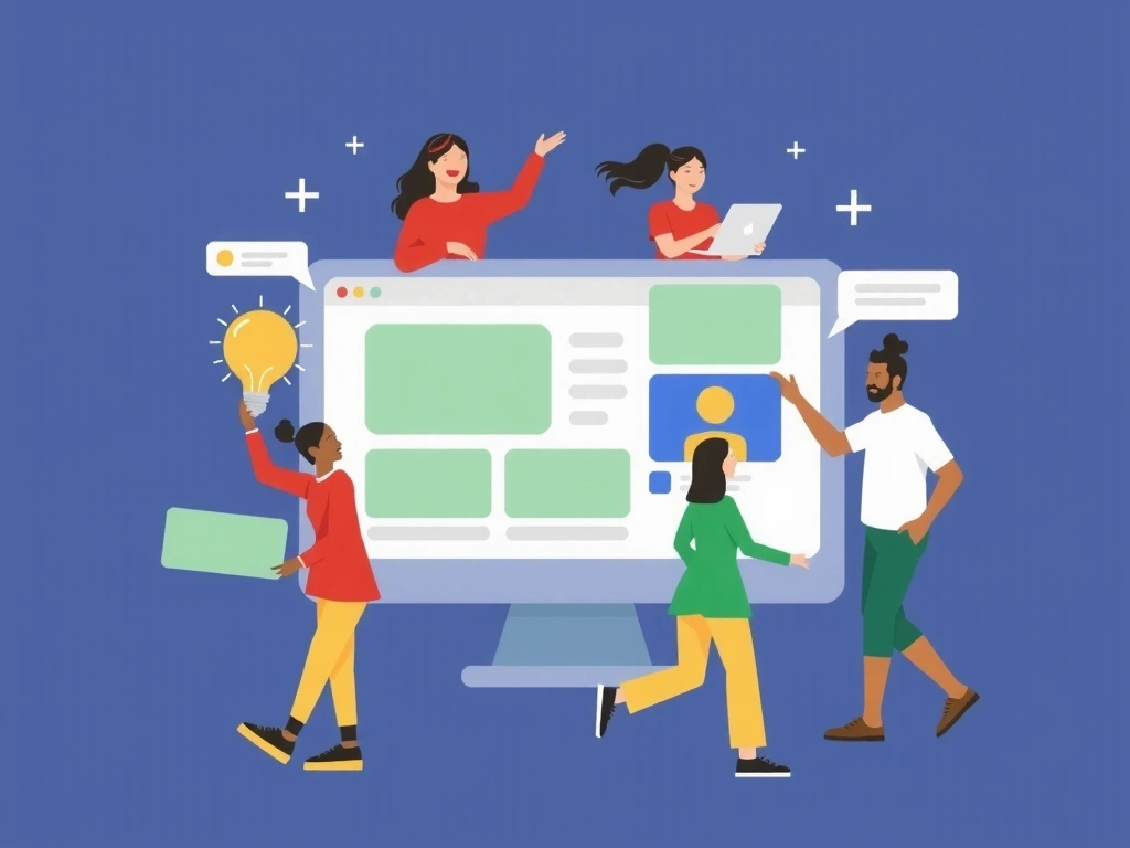 An illustration of diverse people interacting with digital content, uploading and sharing, symbolizing user-submitted content. Dynamic and collaborative.