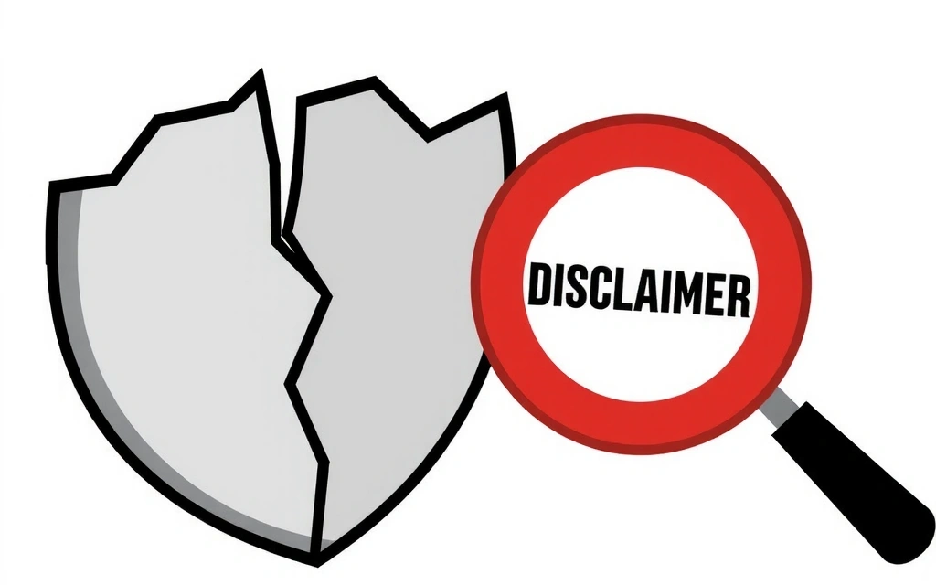 An illustration of a broken shield and a disclaimer sign, symbolizing disclaimers and limitations of liability. Clear, concise, and professional.