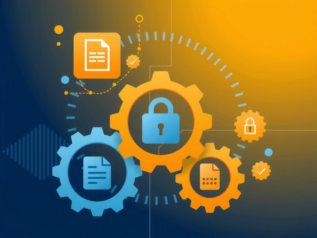 An abstract illustration representing intellectual property, with interlocking gears and document icons, set against a digital background. Modern, secure, and professional.